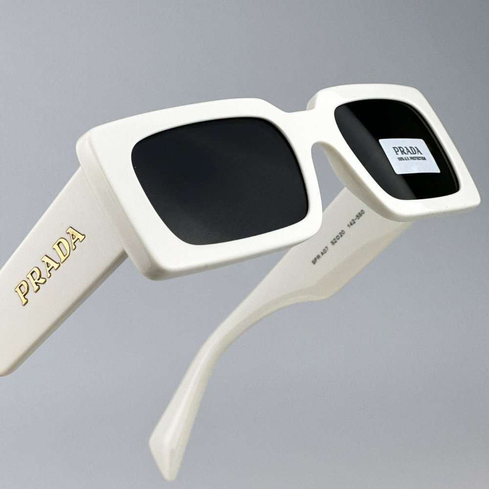 Prada PR A07S 1425S0 Sunglasses Talc White Dark Grey Rectangle Unisex - Picture 1 of 10